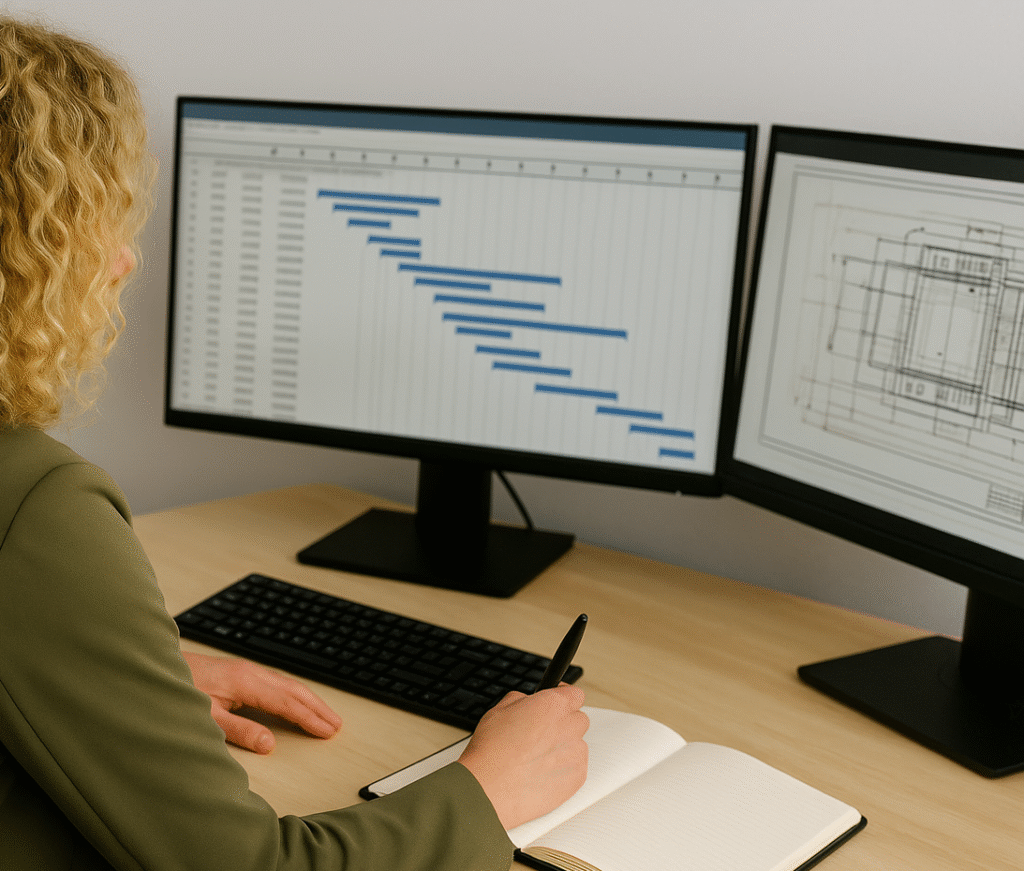 industrial project managing at dual monitor workstation